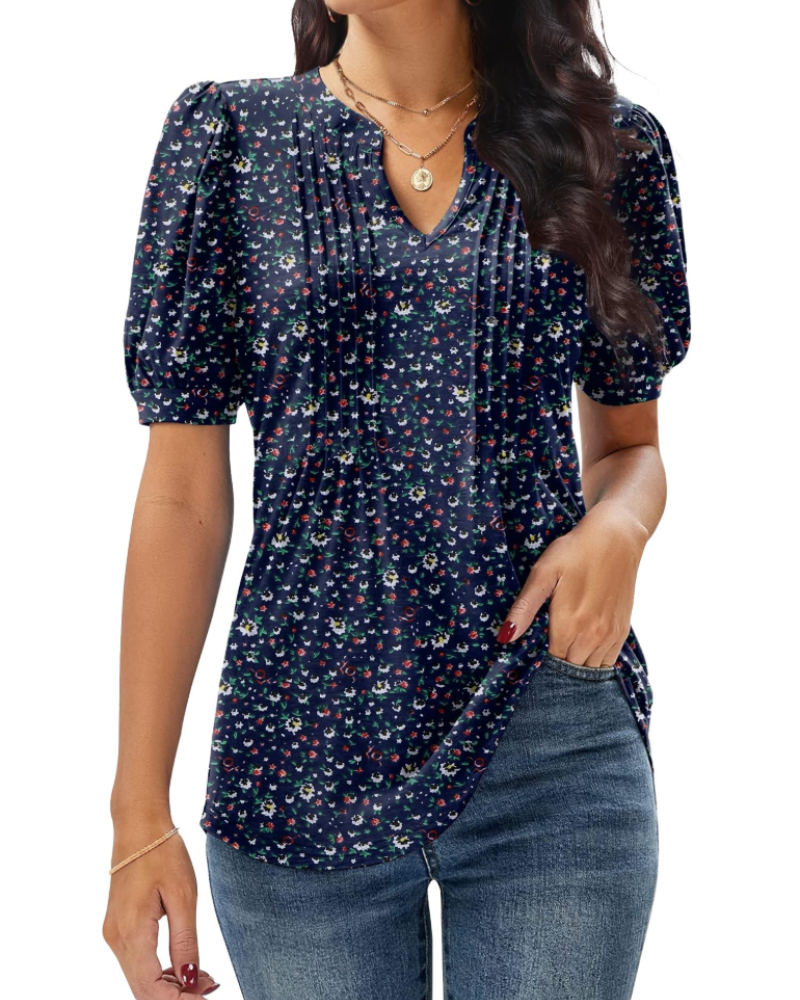 T-shirt Anna pour femme – Top d'été avec col en V, manches bouffantes et plis décoratifs