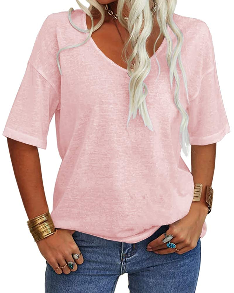 T-shirt Amelia pour femme – Haut avec col en V, manches mi-longues et coupe décontractée