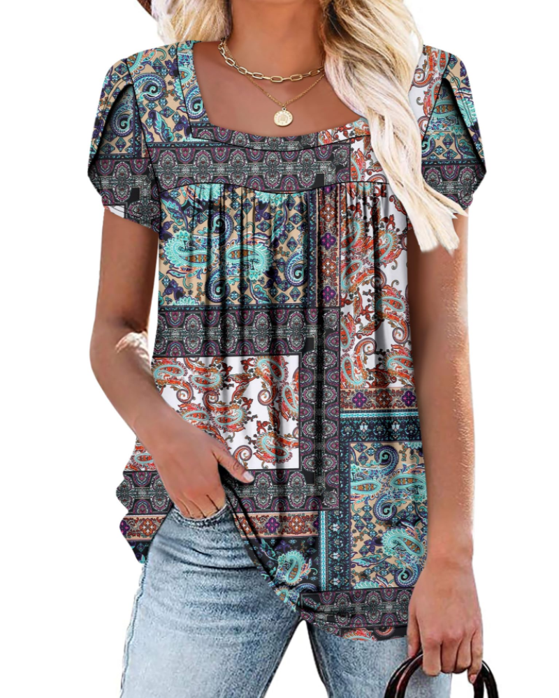 Emma Blusa para Mujer – Top Suave con Escote Cuadrado, Estampado Vivo y Mangas Cortas