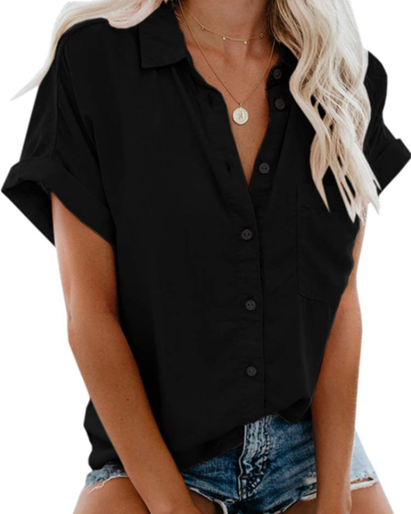 Camille Blusa para mujer – Camisa de algodón con escote en V, botones y bolsillo