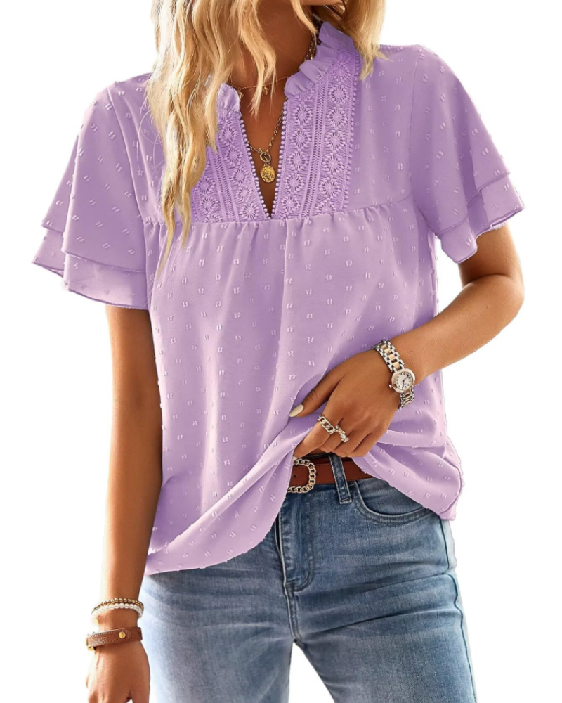 Blusa Lena para mujer – Top elegante con escote en V, encaje de ganchillo, mangas con volantes y detalles Swiss Dot