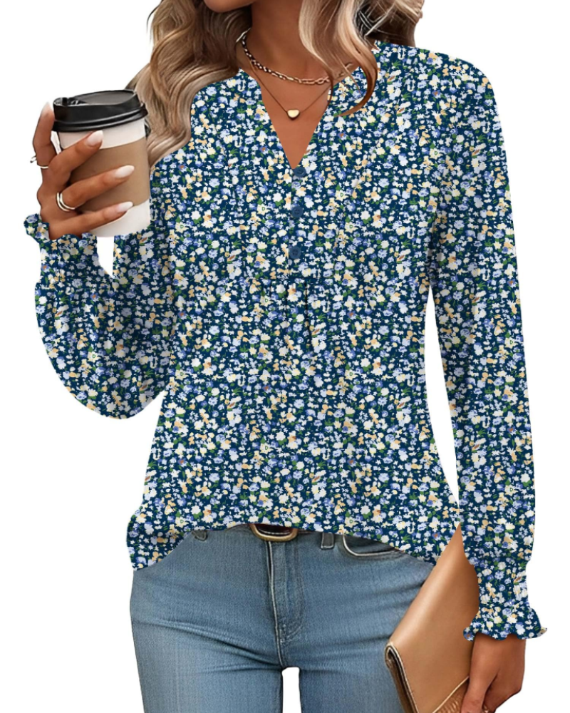 Freya Blusa Donna – Top floral con escote en V, mangas largas y dobladillo plisado