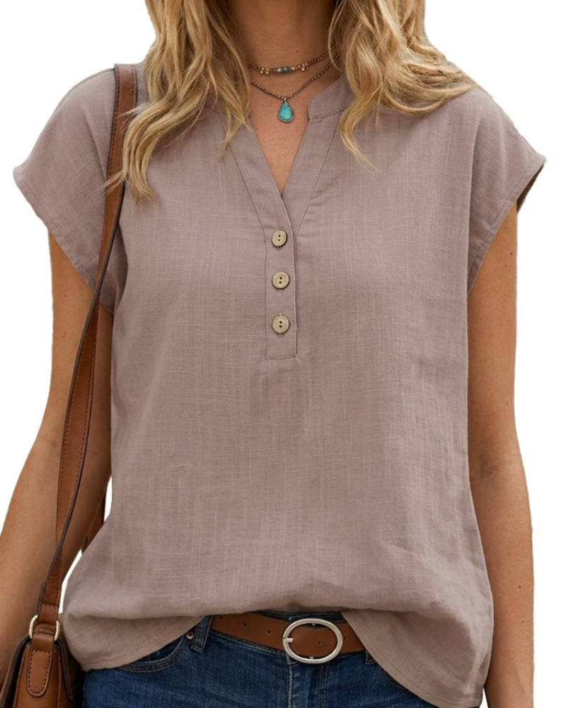 Blusa Julia para mujer – Top de algodón y lino con escote en V, mangas cortas y ajuste holgado