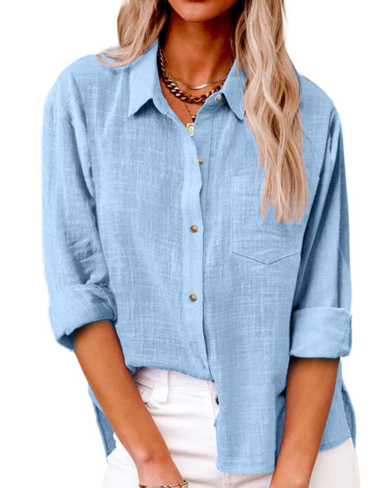 Zara Dame Skjorte – Bomullsbluse med V-hals, knapper og lange ermer