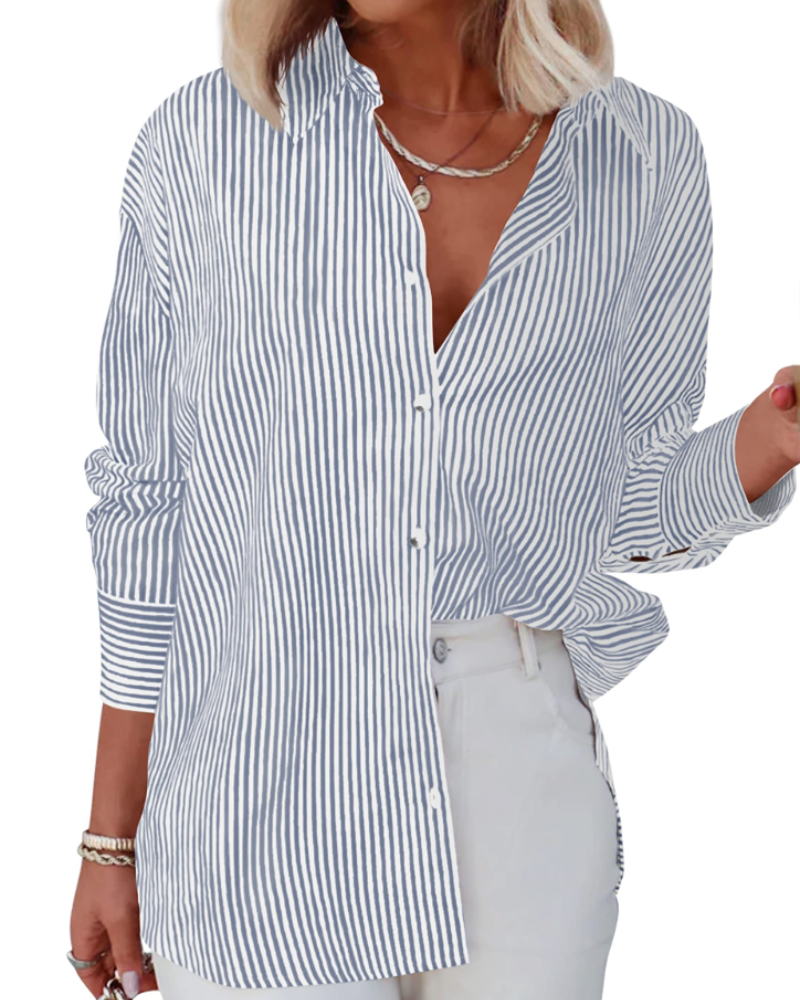 Chloe Camisa Mujer – Blusa a Rayas con Escote en V, Botones y Mangas Largas