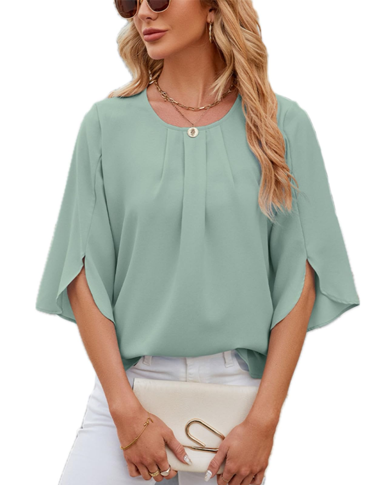 Camilla Blusa Donna – Top in Chiffon con Girocollo, Maniche 3/4 & Fit Elegante