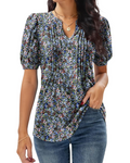 Camiseta Anna para mujer – Top de verano con escote en V, mangas abullonadas y pliegues decorativos
