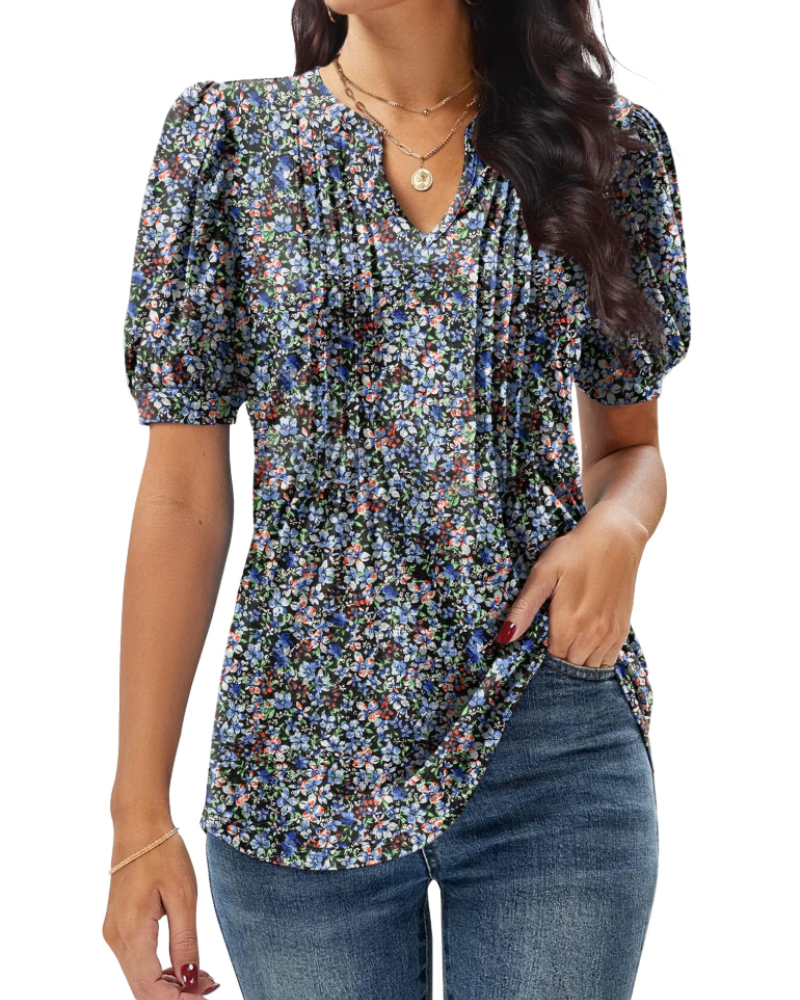Camiseta Anna para mujer – Top de verano con escote en V, mangas abullonadas y pliegues decorativos
