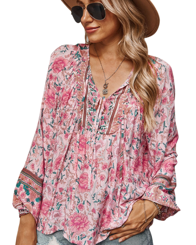 Diana Women's Blouse – Boho Floral Viscose Top with V-Neck & Balloon Sleeves