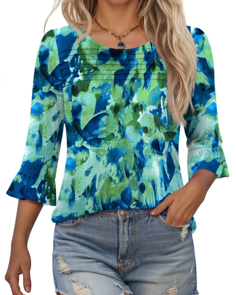 Clara Bluse Dame – Tunika Topp med 3/4 Ermer med Volanger, Rund Hals og Folder foran