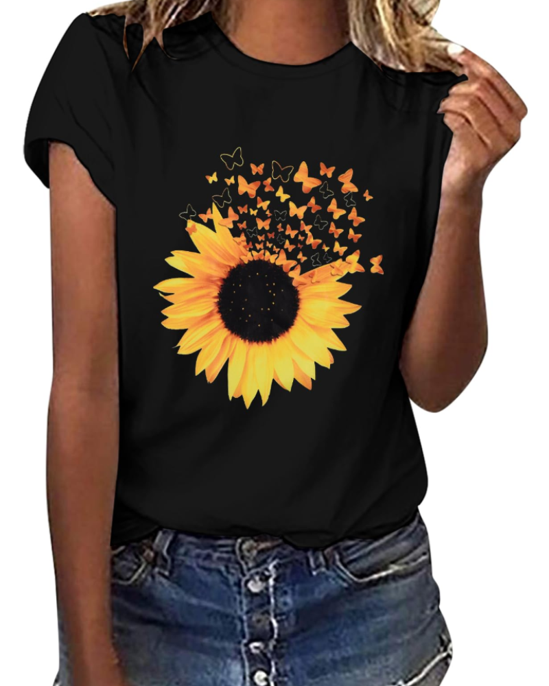 Camiseta Daisy para mujer – Top de algodón con cuello redondo, mangas cortas y estampado casual