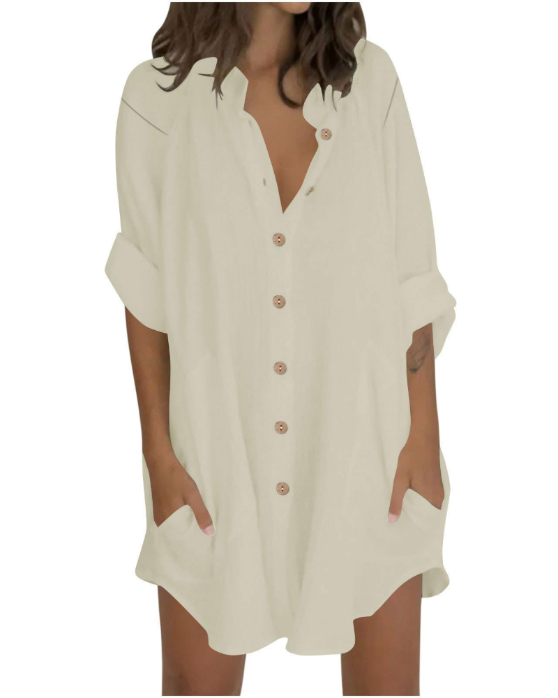 Emma Blusa Mujer – Camisa Oversize de Algodón y Lino con Mangas 3/4 y Botones
