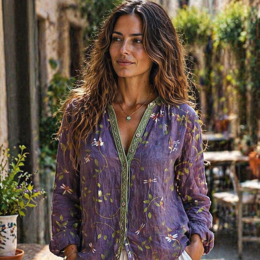 Helen Blouse Femme Vintage – Top Élégant Imprimé Feuilles, Léger, Chic Décontracté Automne