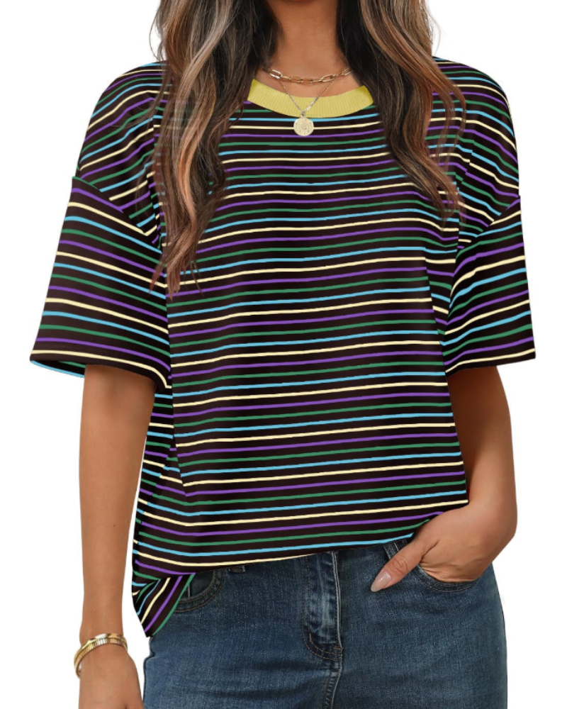 Clara Camiseta de Mujer a Rayas – Camiseta Casual de Cuello Redondo con Mangas Cortas y Ajuste Suelto