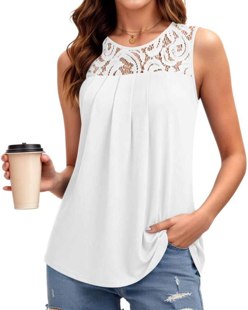 Olivia Top Donna – Canotta Estiva con Pizzo, Girocollo & Dettaglio Plissettato