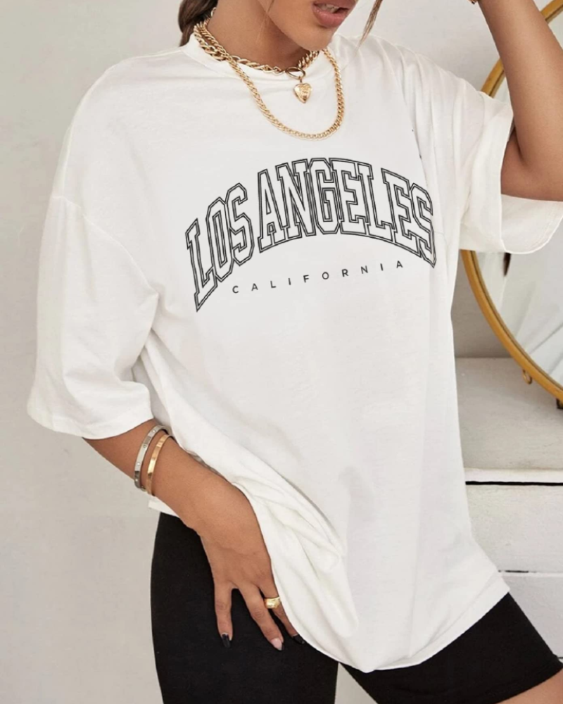 Lydia T-Shirt Damen – Baumwollshirt mit Los Angeles Druck & Rundhalsausschnitt