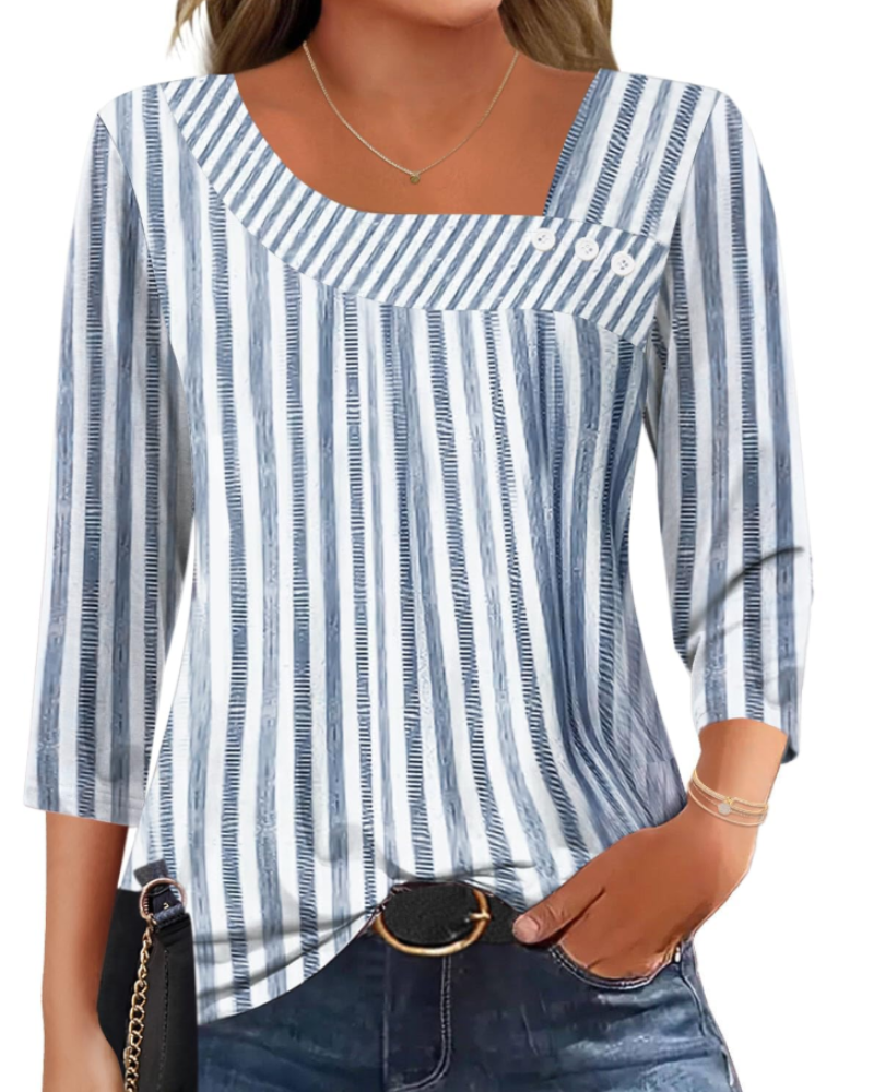Elisa Women's Blouse – Asymmetric Top with 3/4 Sleeves, Buttons & Stretch Fabric
