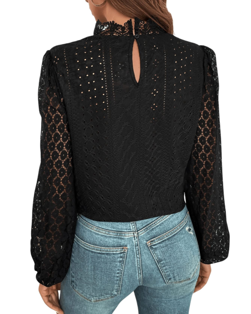 Vivian Blusa Donna – Top Elegante con Collo Alto, Pizzo Guipure & Maniche a Lanterna
