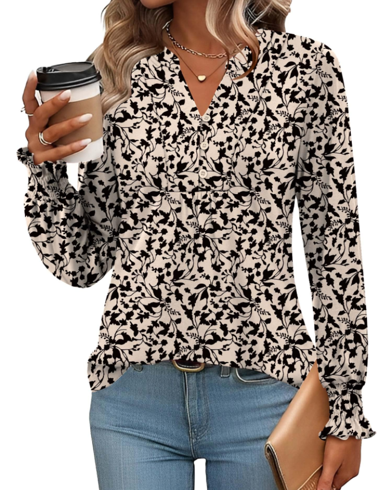 Freya Women's Blouse – Floral V-Neck Top with Long Sleeves & Pleated Hem