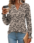 Freya Women's Blouse – Floral V-Neck Top with Long Sleeves & Pleated Hem