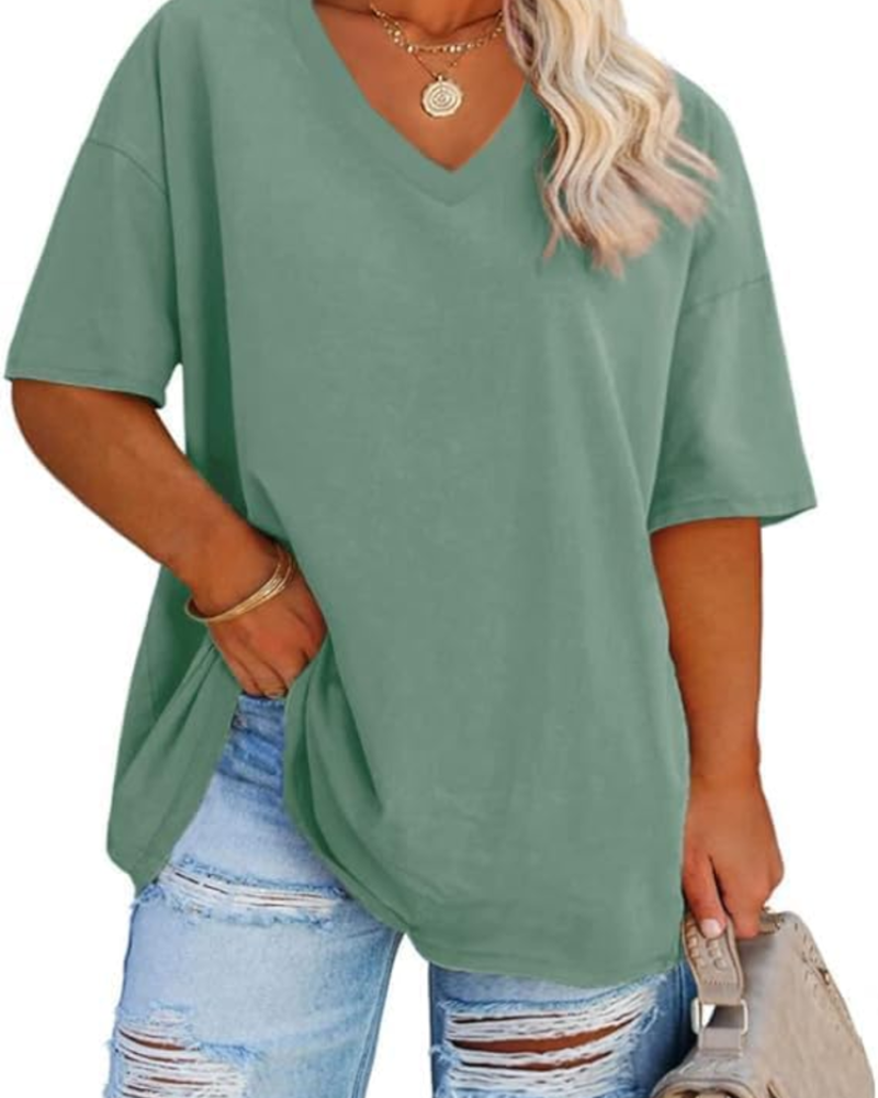 Grace T-Shirt Damska – Top Plus Size z Dekoltem w Serek, Rękawy do Łokcia i Luźnym Krojem