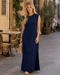 Brielle Robe Femme Maxi – Col Rond, Sans Manches, Poches & Fente