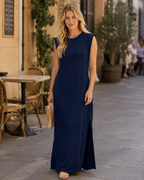 Brielle Robe Femme Maxi – Col Rond, Sans Manches, Poches & Fente
