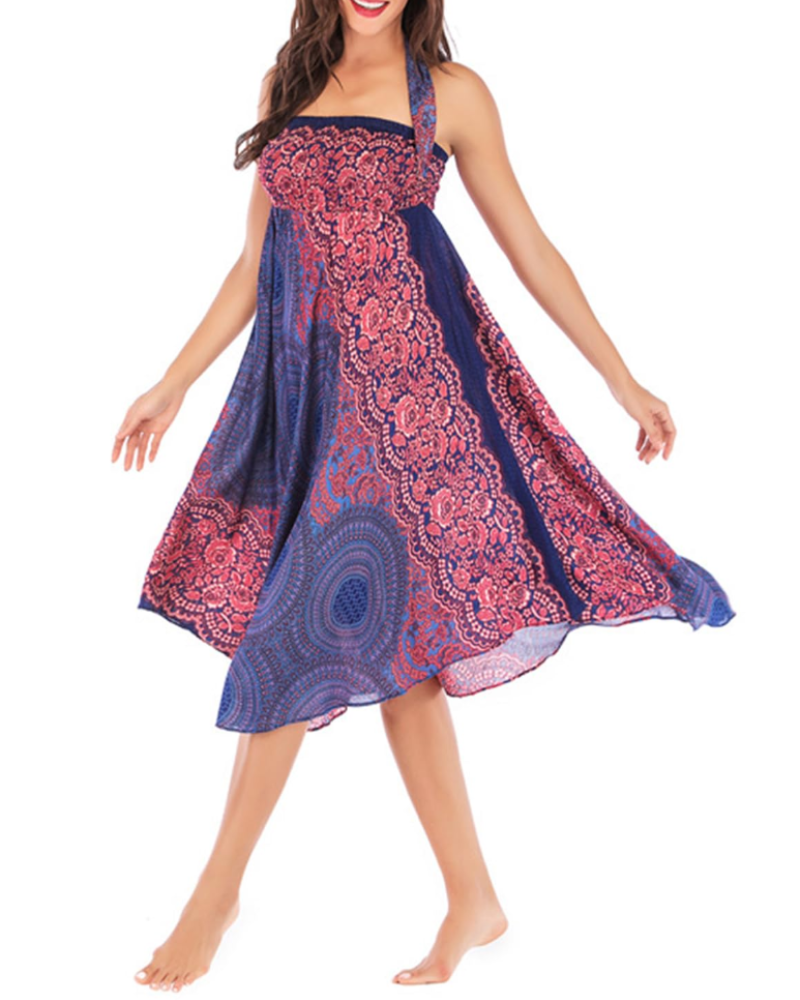 Ophelia Abito Maxi Donna 2 in 1 – Senza Maniche, Stampa Boho e Dettagli Arricciati