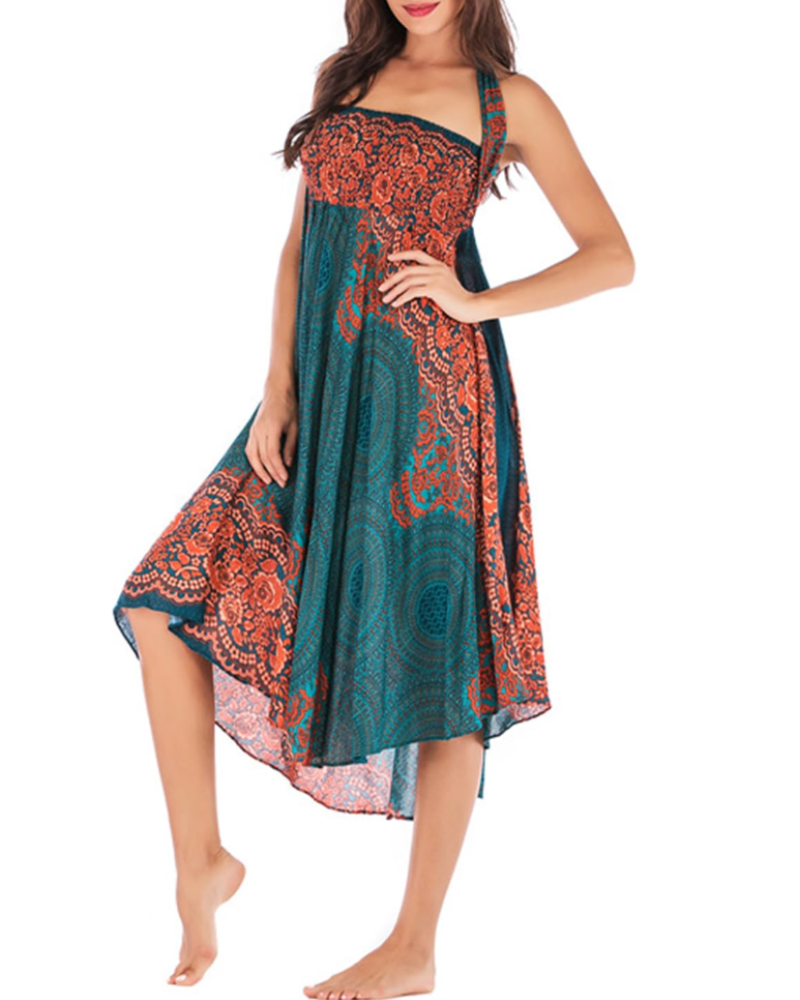 Ophelia Abito Maxi Donna 2 in 1 – Senza Maniche, Stampa Boho e Dettagli Arricciati