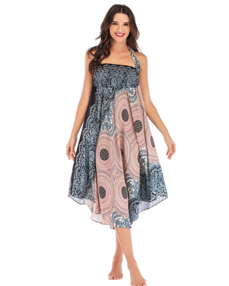 Ophelia Abito Maxi Donna 2 in 1 – Senza Maniche, Stampa Boho e Dettagli Arricciati