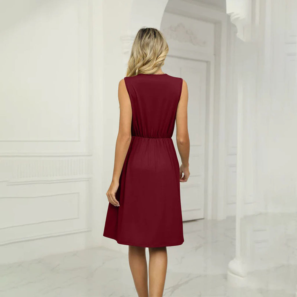 Ellie Robe Femme d'Été – Robe Col V Sans Manches, Taille Élastique Décontractée Chic