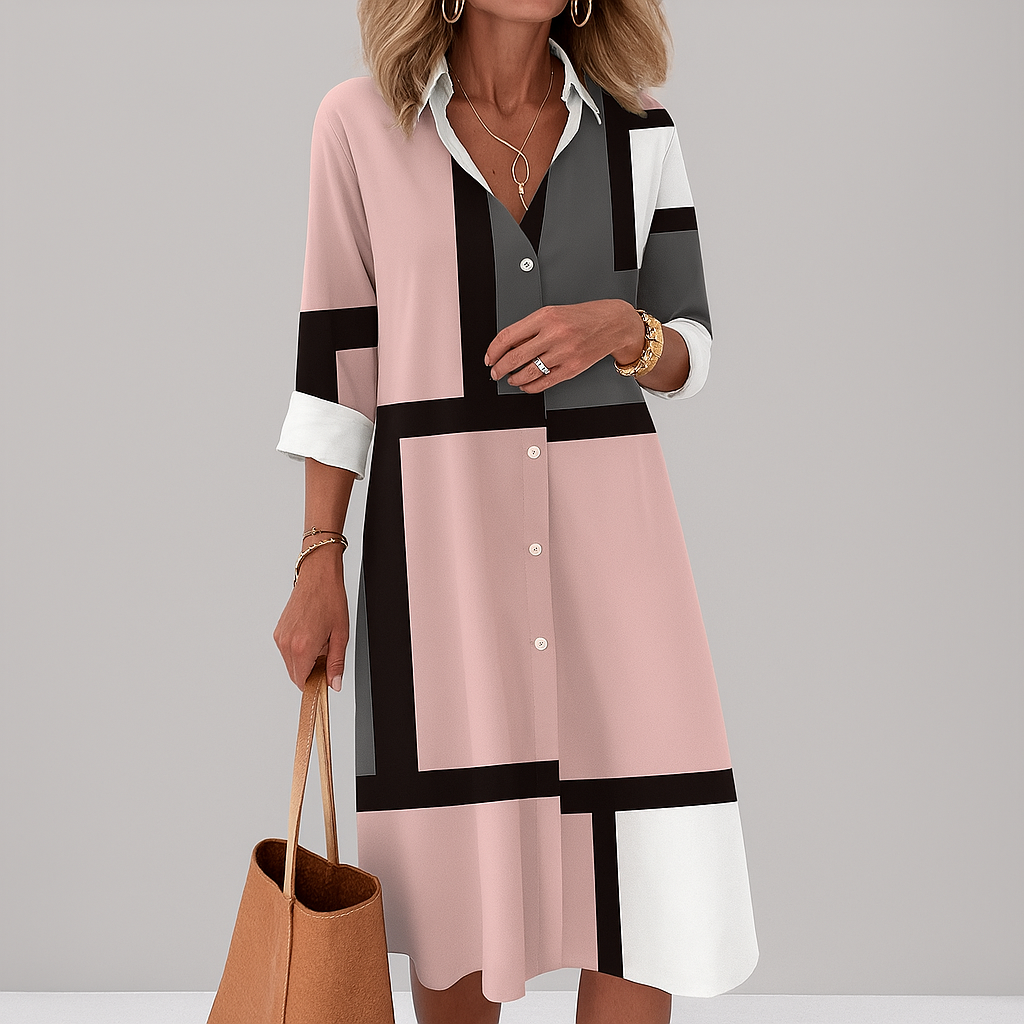Gigi Robe Femme Chemisier – Robe Géométrique avec Boutons, Élégante Décontractée Bureau