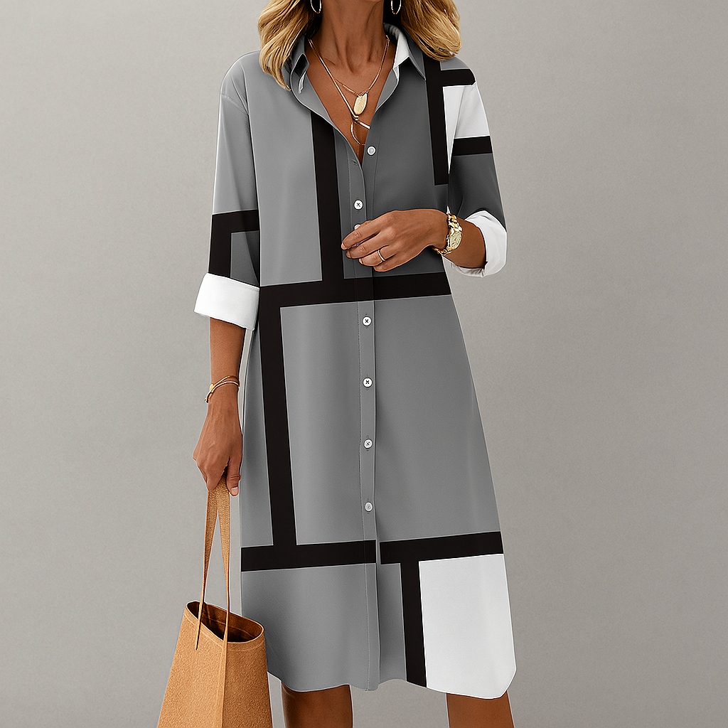 Gigi Robe Femme Chemisier – Robe Géométrique avec Boutons, Élégante Décontractée Bureau