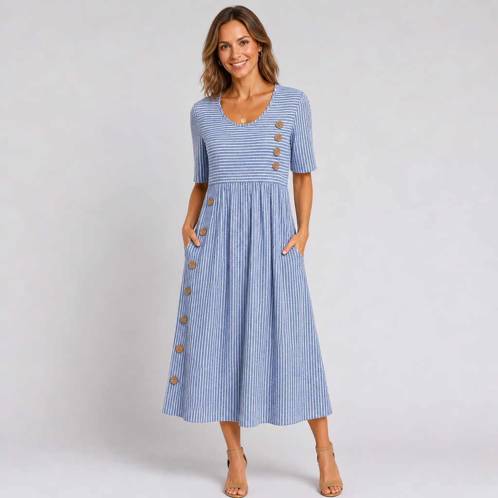 Vestido Midi a Rayas Marga para Mujer – Vestido Ligero con Mangas 3/4 Elegante Casual