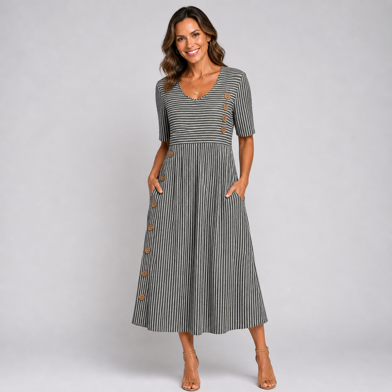 Vestido Midi a Rayas Marga para Mujer – Vestido Ligero con Mangas 3/4 Elegante Casual