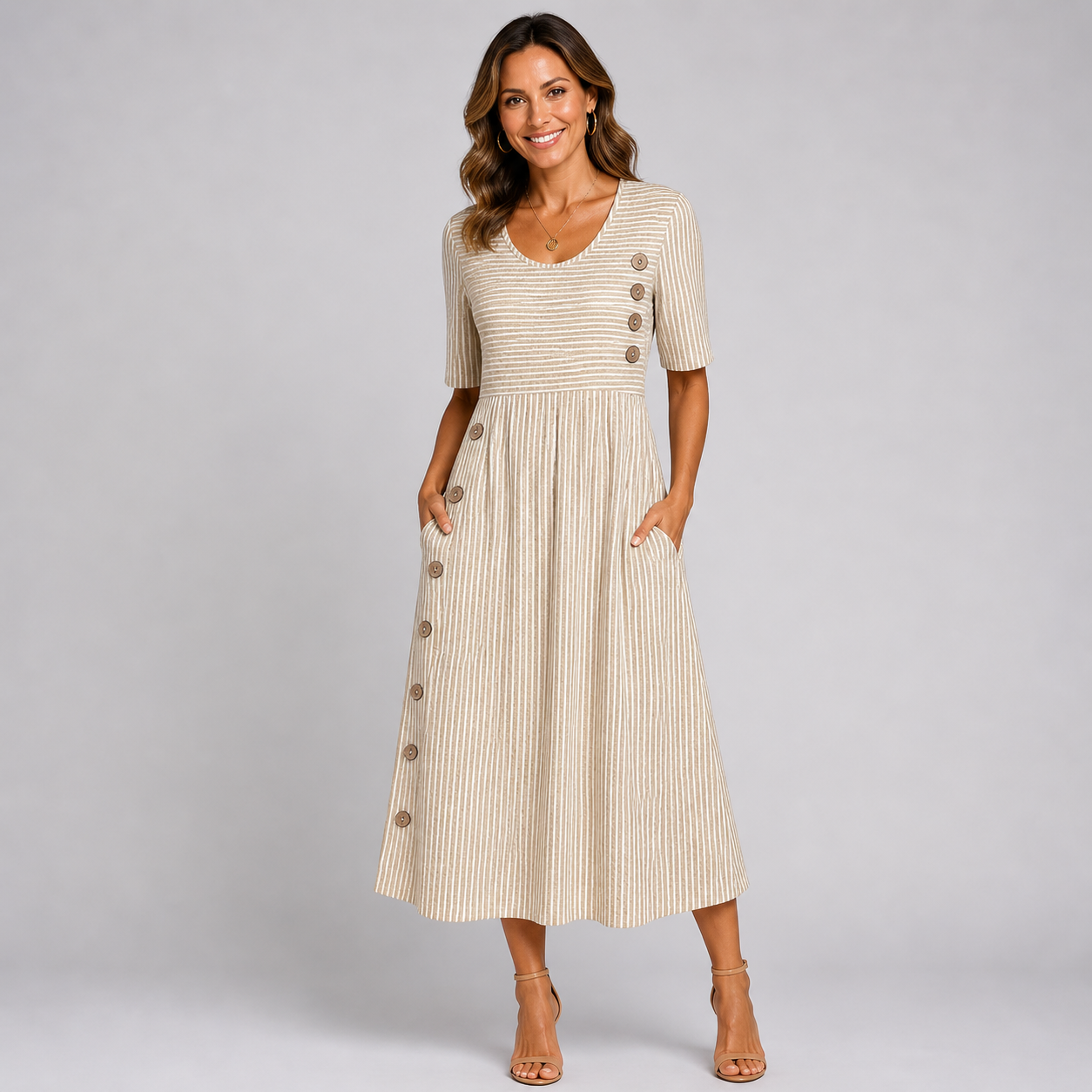 Vestido Midi a Rayas Marga para Mujer – Vestido Ligero con Mangas 3/4 Elegante Casual