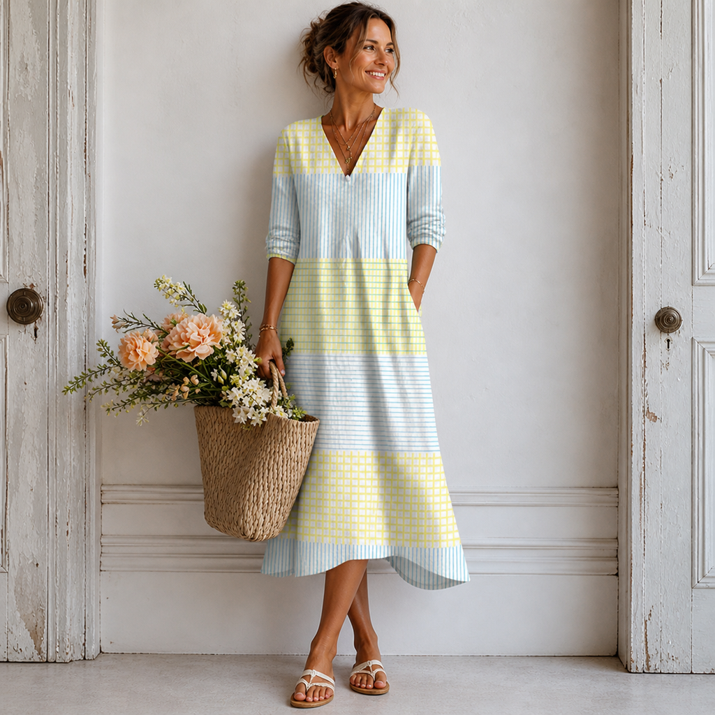 Robe vintage Maria pour femme – Robe midi à imprimé géométrique, légère chic décontractée