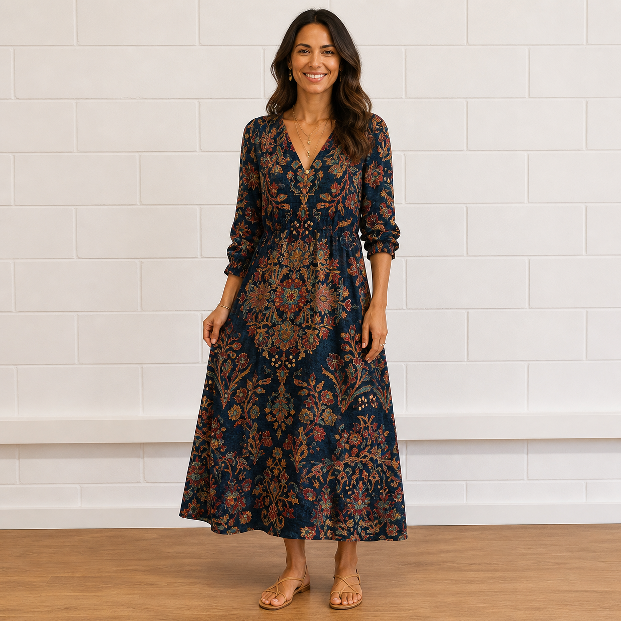Vestido Maris para Mujer de Lino Vintage – Vestido Midi con Estampado Geométrico, Ligero y Elegante