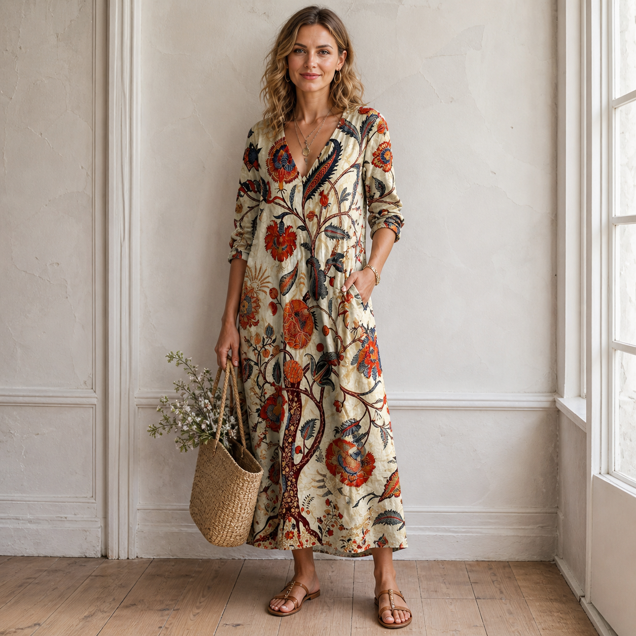 Robe en lin vintage Mariah pour femme – Robe midi à imprimé géométrique, légère élégante