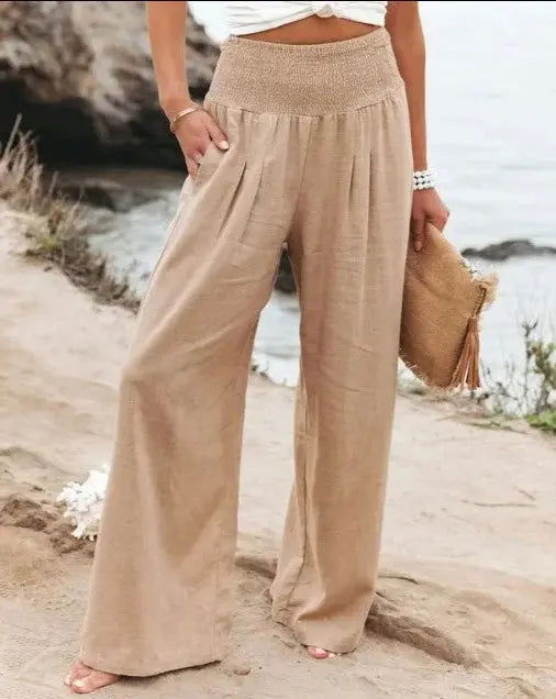 Elena Pantalon Femme Palazzo – Taille Élastique, Jambe Large, Élégant Décontracté Chic