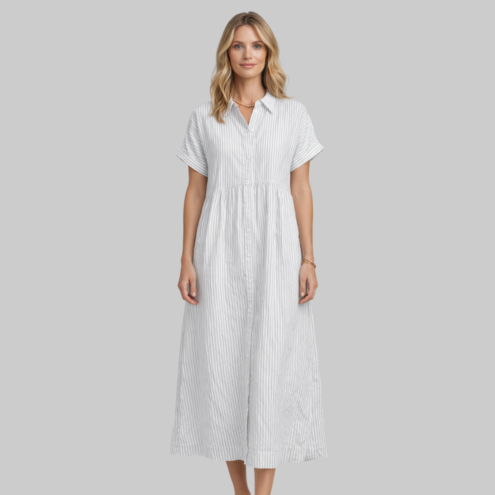Clara Vestido Mujer Camisa Maxi a Rayas – Vestido elegante con botones y cuello