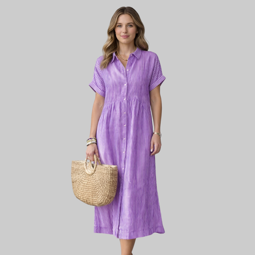 Clara Vestido Mujer Camisa Maxi a Rayas – Vestido elegante con botones y cuello