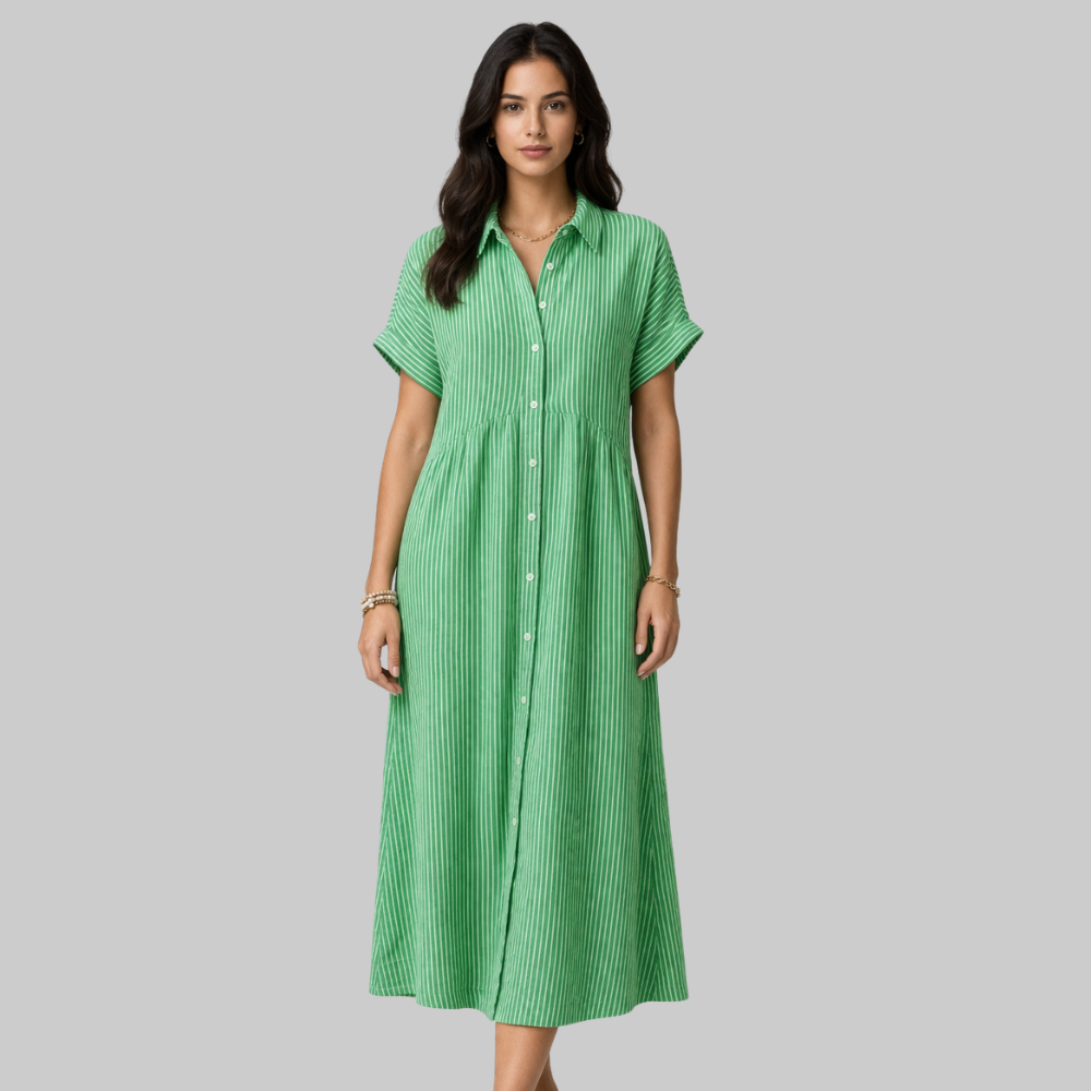 Clara Vestido Mujer Camisa Maxi a Rayas – Vestido elegante con botones y cuello