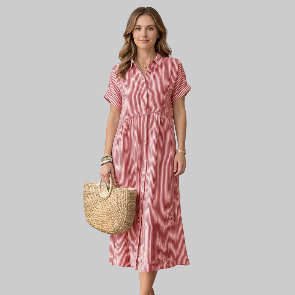 Clara Vestido Mujer Camisa Maxi a Rayas – Vestido elegante con botones y cuello
