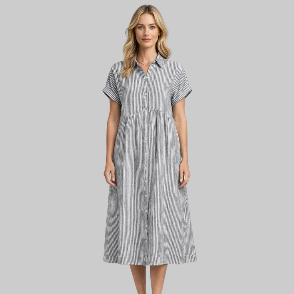 Clara Vestido Mujer Camisa Maxi a Rayas – Vestido elegante con botones y cuello