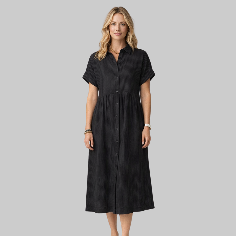 Clara Vestido Mujer Camisa Maxi a Rayas – Vestido elegante con botones y cuello