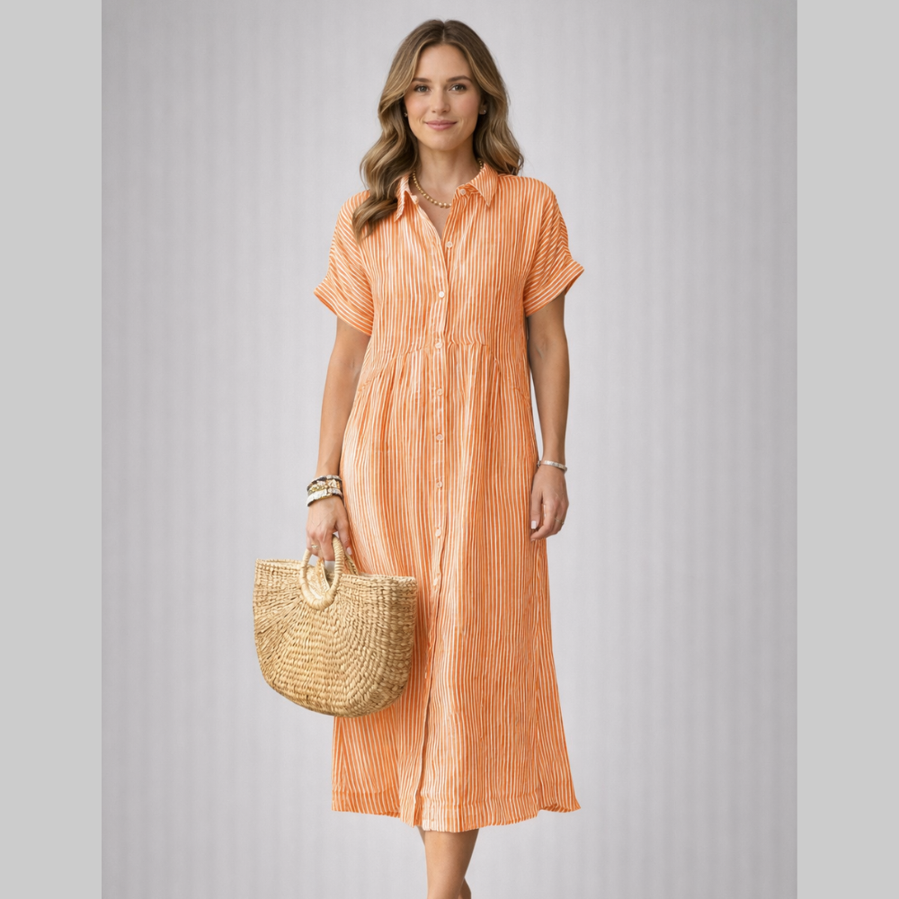 Clara Vestido Mujer Camisa Maxi a Rayas – Vestido elegante con botones y cuello