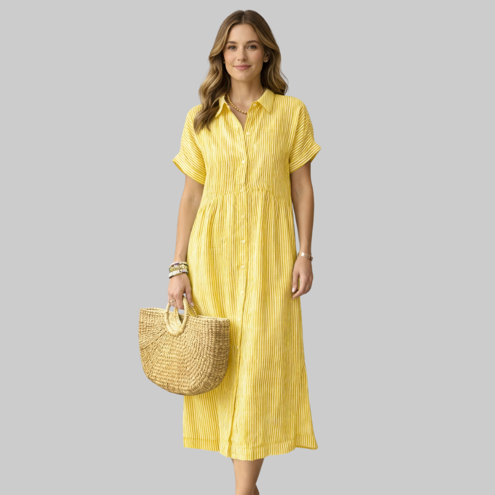 Clara Vestido Mujer Camisa Maxi a Rayas – Vestido elegante con botones y cuello