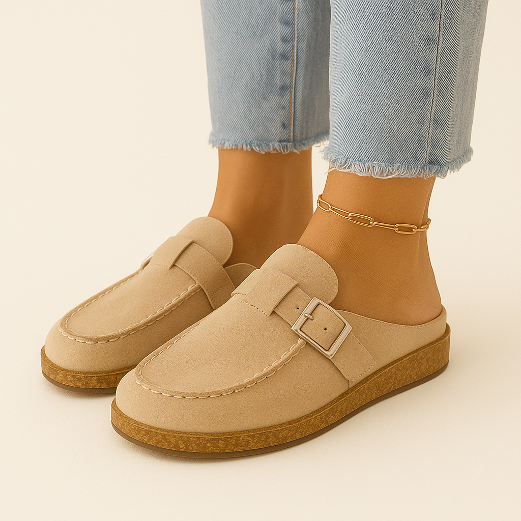 Mules Noelle en daim pour femme – Slip-on avec boucle réglable, semelle en liège