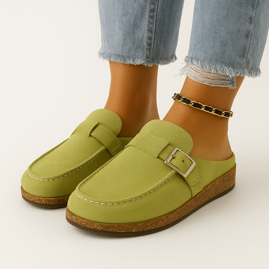 Mules Noelle para Mujer en Ante – Slip-On con Hebilla Ajustable, Suela de Corcho